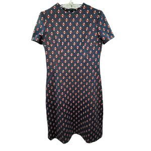 Vintage 70s Geometric Blue Red Print Shift Dress Knit Retro Mod Short Sleeve